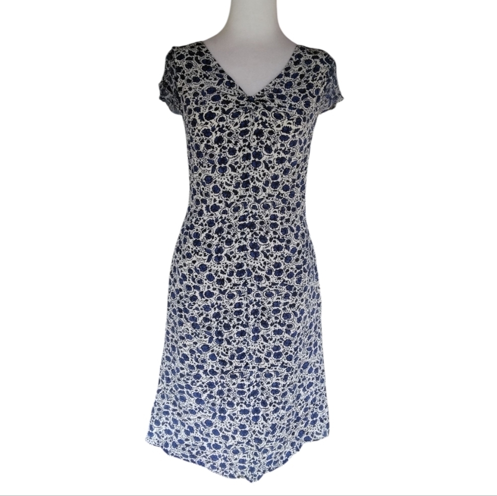 J. Peterman Contrasting Blue & White Floral Rose Print Silk Knee Length Dress 4